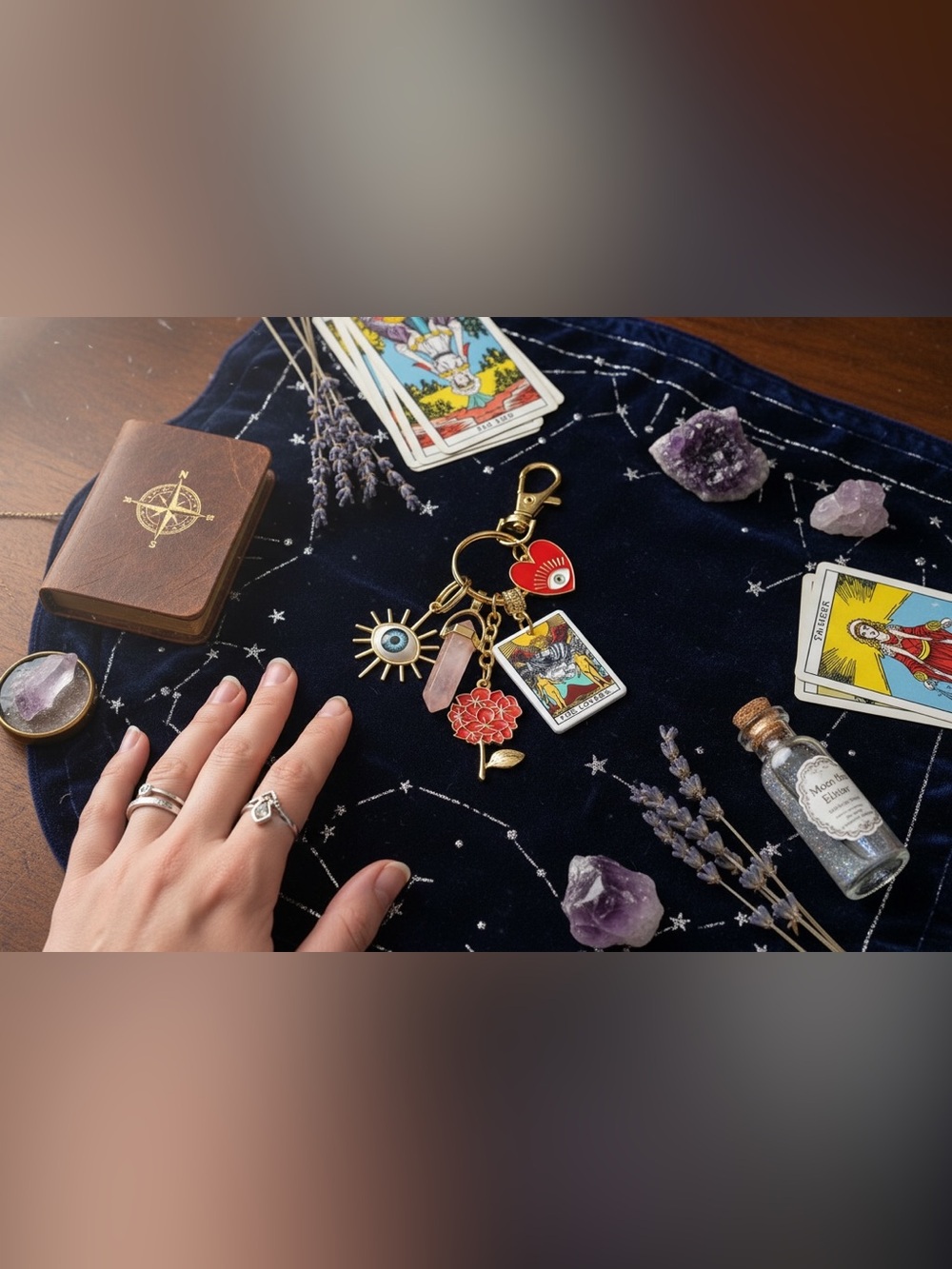 Boho "The Lovers" Tarot & Rose Quartz Charm Keychain - Picture 4 of 7
